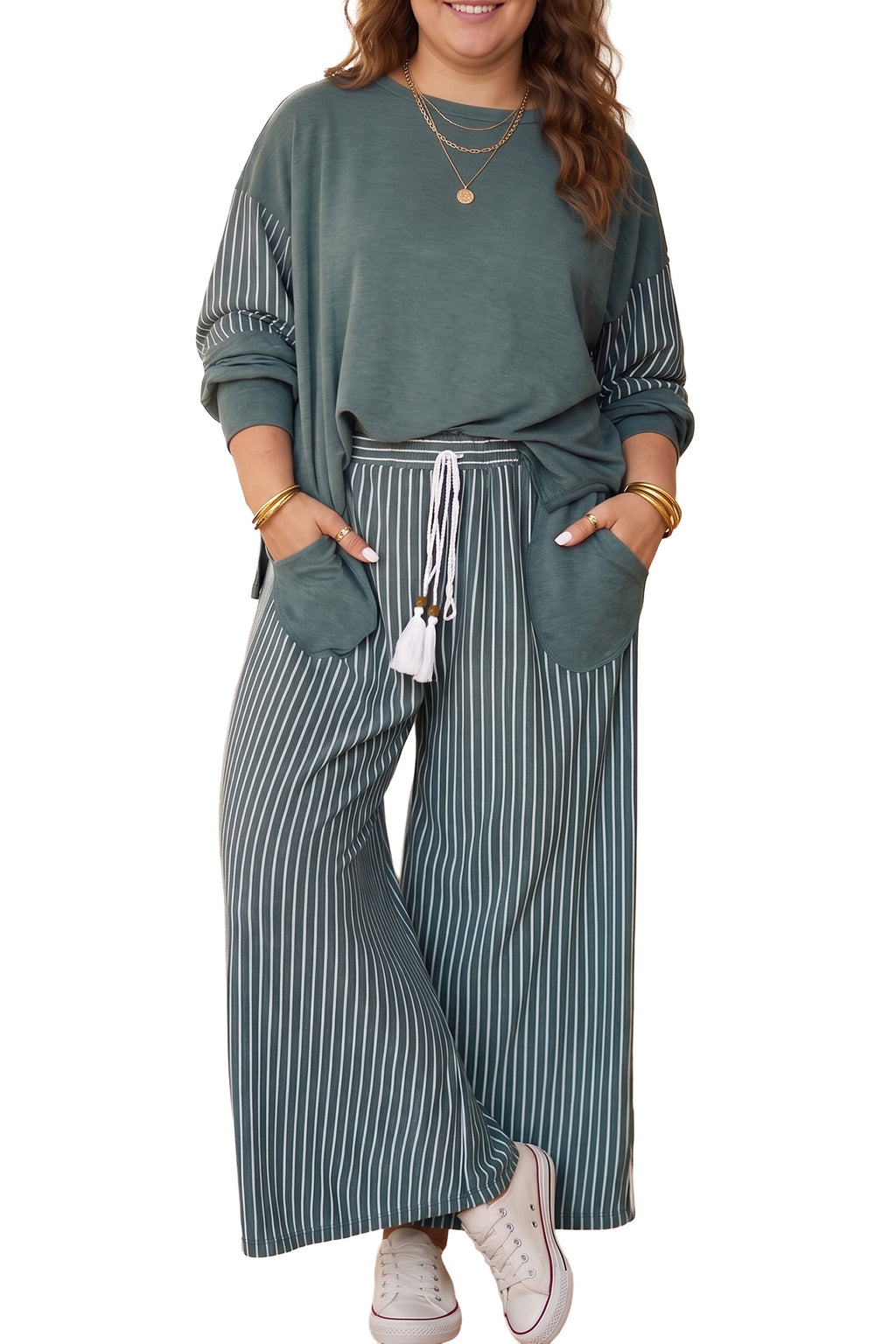 Boardwalk Green Stripe Wide-Leg Pants Set
