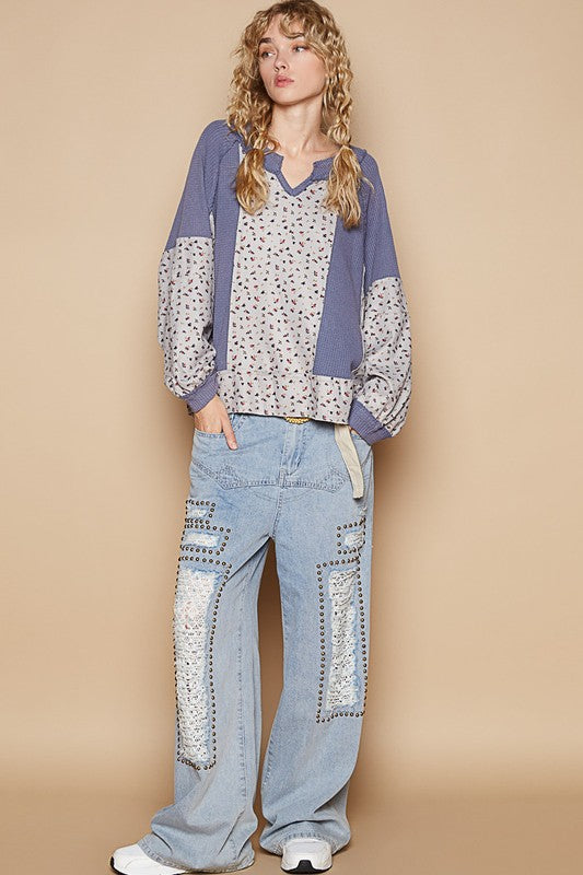 Hazel Blues® |  POL Waffle Knit Floral Notched Long Sleeve Top