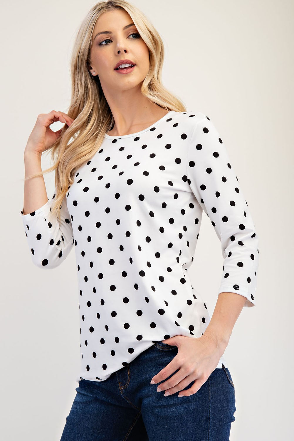 Hazel Blues® |  Celeste Polka Dot Round Neck Three-Quarter Sleeve T-Shirt