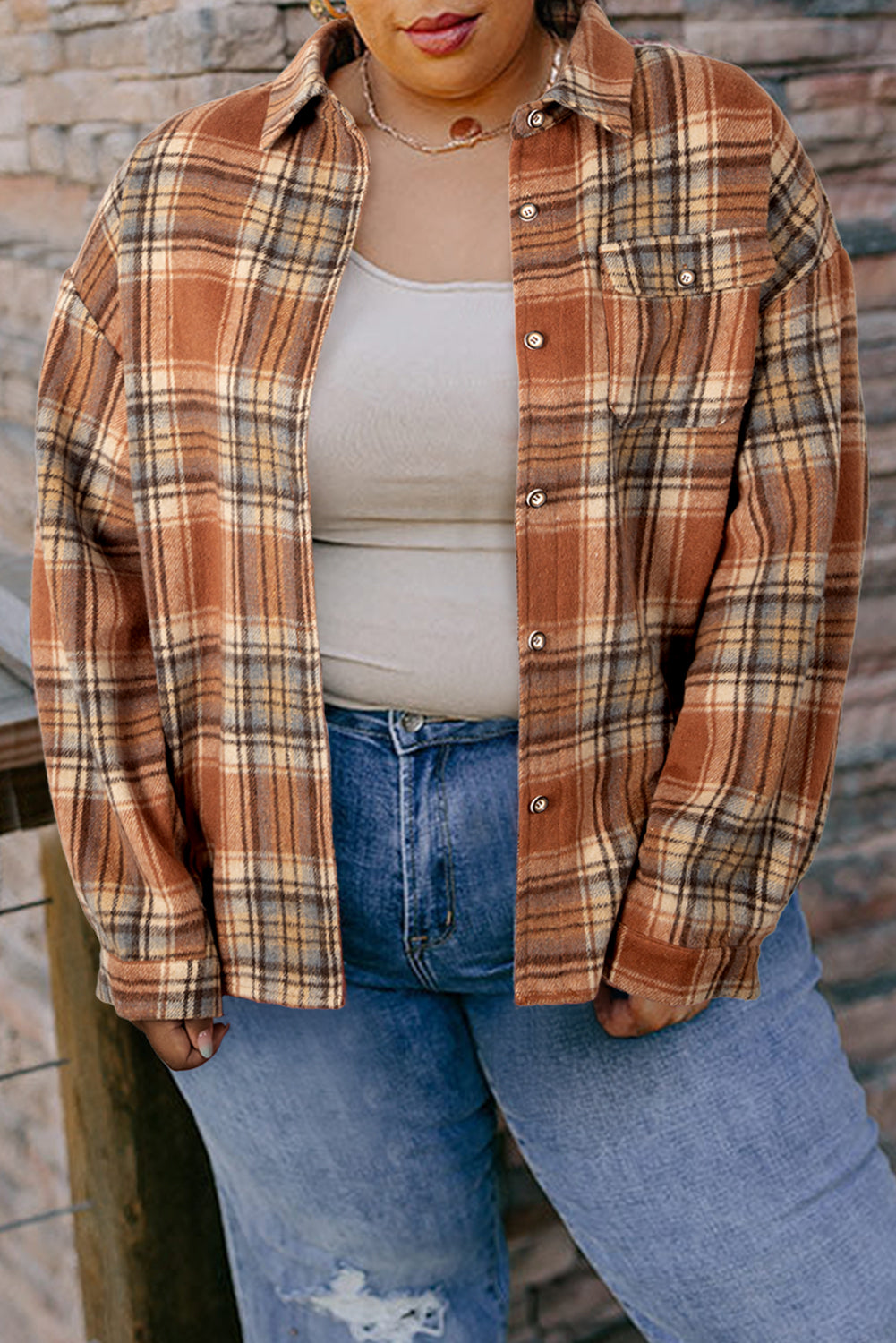 Hazel Blues® | Brown Plaid Print Flap Pocket Buttoned Shacket