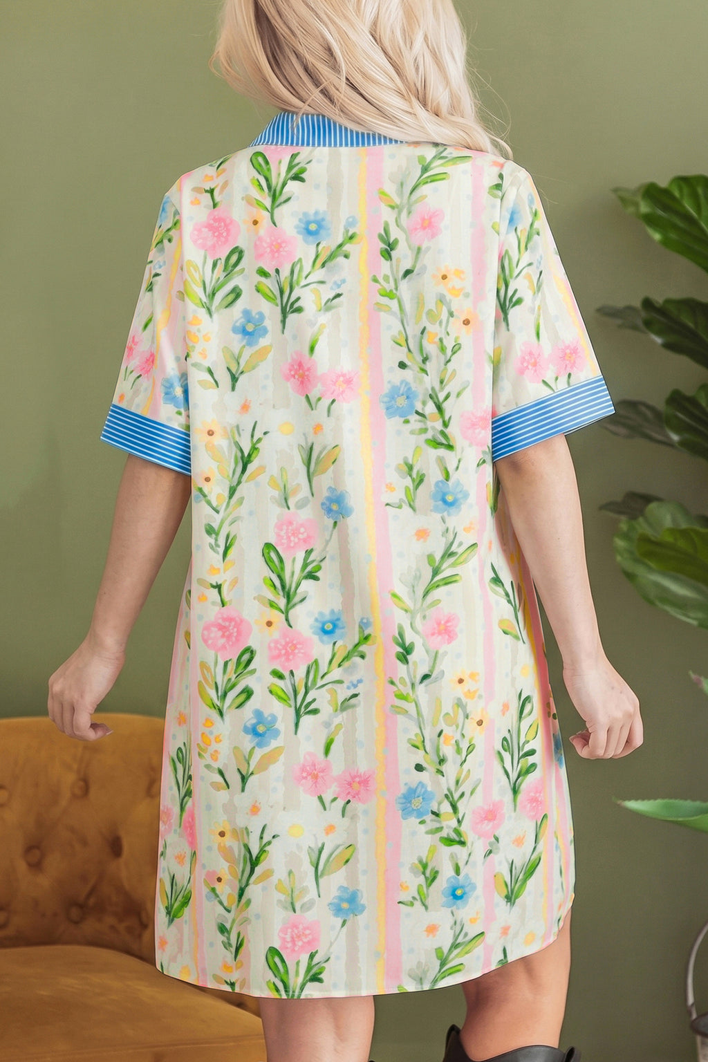 Multicolor Floral-Print Striped Trim Button-Down Shift Dress