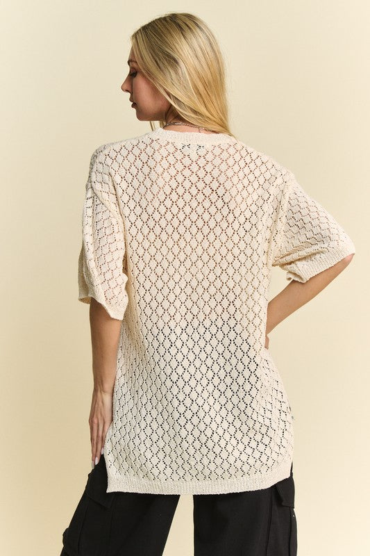 Hazel Blues® |  Davi & Dani Side Slit Openwork Round Neck Half Sleeve Knit Cover Up