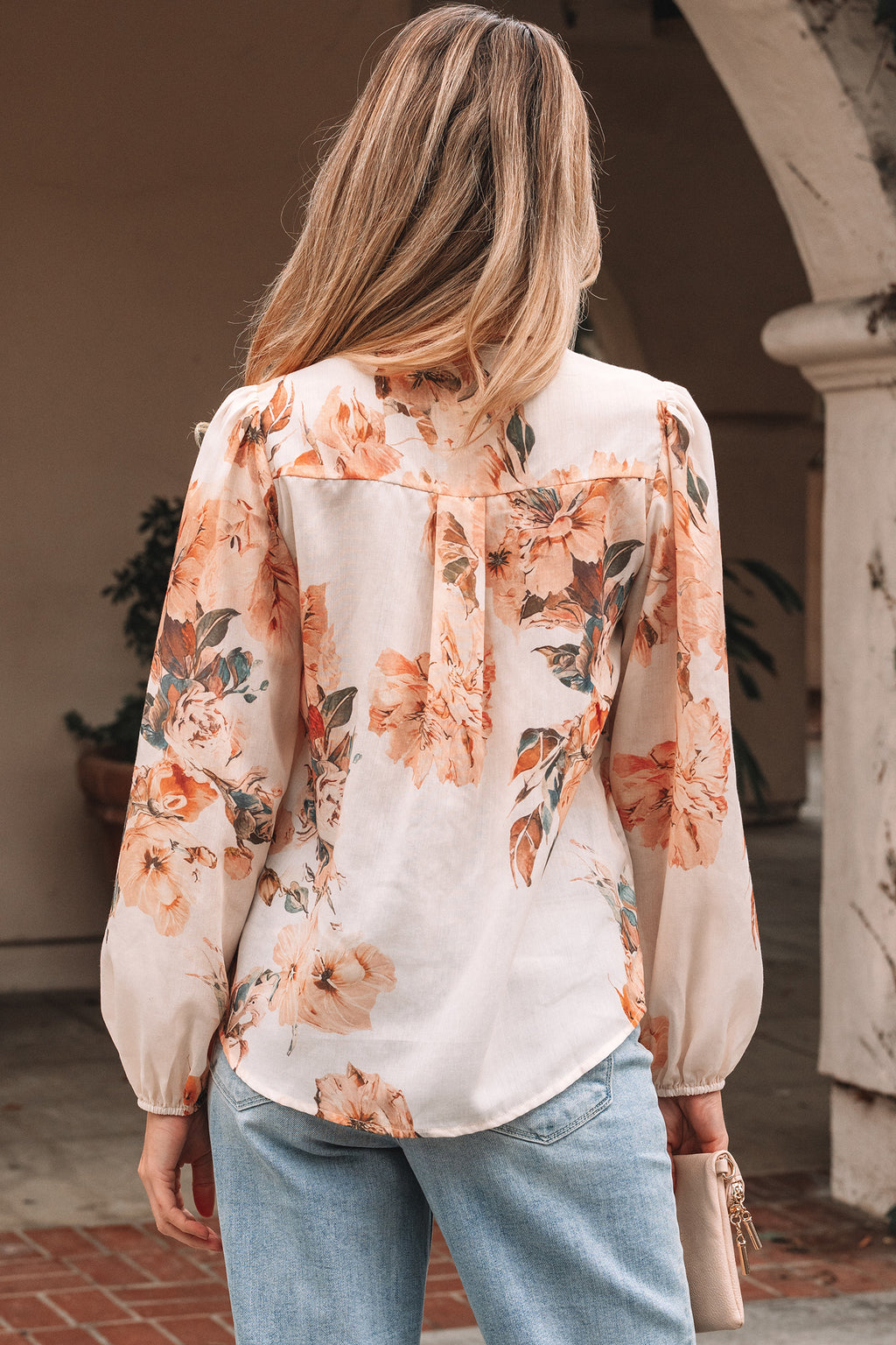 Orange Floral Puff-Sleeve Lightweight Shirt