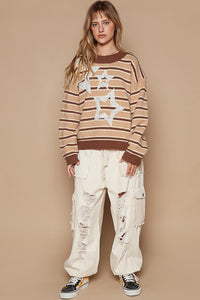 Hazel Blues® |  POL Star Patch Stripe Round Neck Sweater