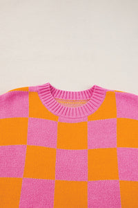 Hazel Blues® |  Checkered Round Neck Short Sleeve Sweater