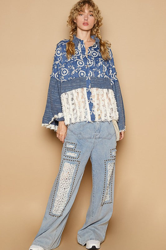 Hazel Blues® |  POL Lace Hem Embroidered Long Sleeve Shirt