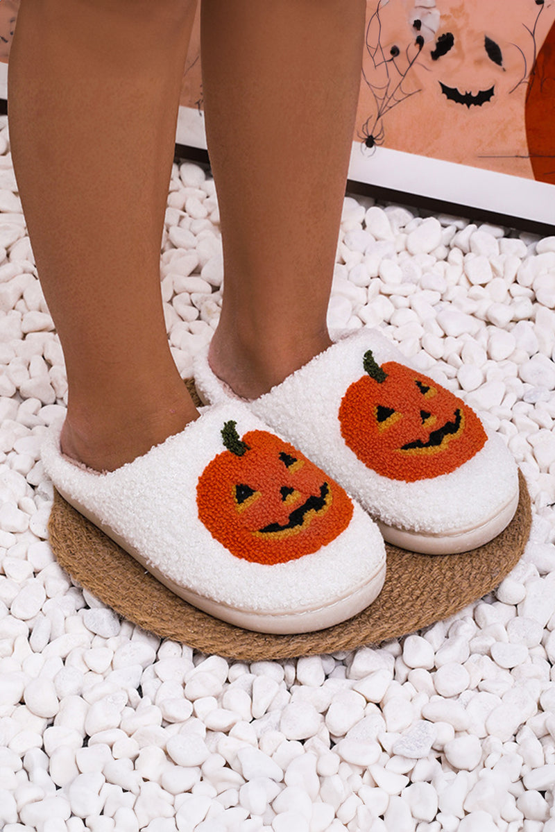 Hazel Blues® |  White Halloween Pumpkin Print Plush Slippers (Runs Small, Size Up)