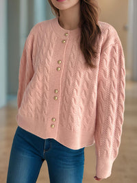 Cable-Knit Round Neck Long Sleeve Cardigan