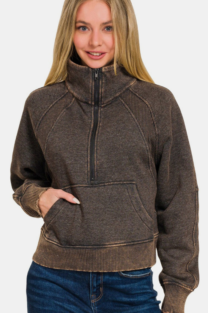 Hazel Blues® |  Zenana Acid Washed Half Zip Fleece Sweatshirt