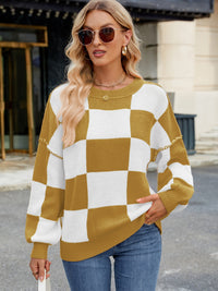 Hazel Blues® |  Checkered Round Neck Long Sleeve Sweater