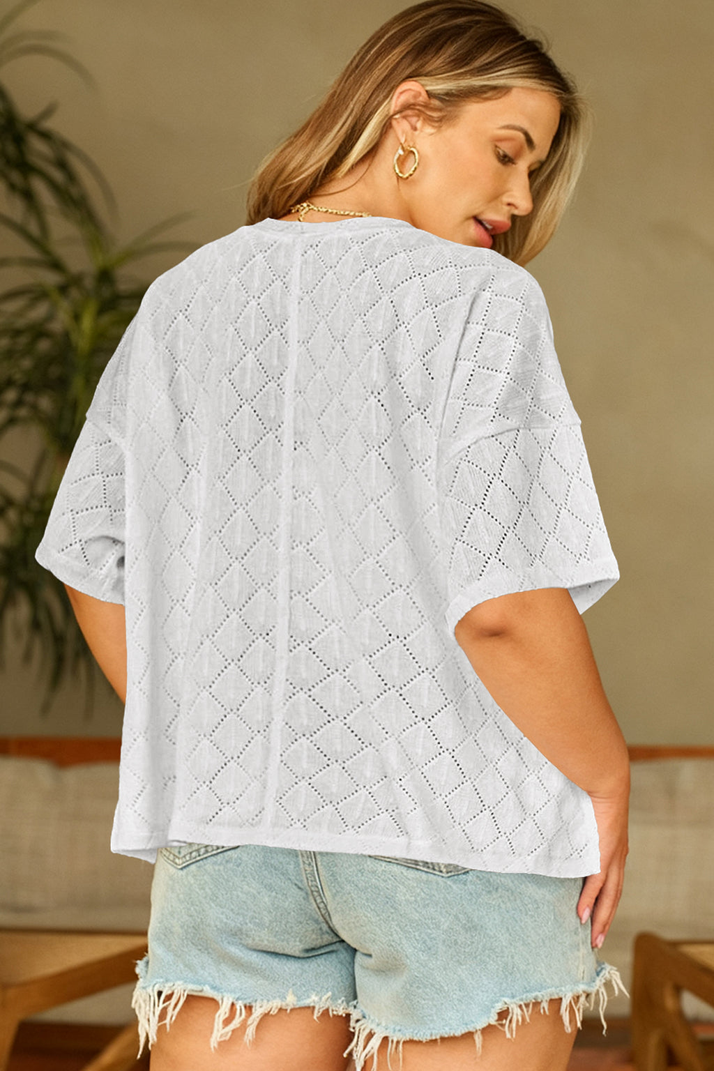 Pointelle Rhombus Knit V-Neck Loose Top | V-Neck Top