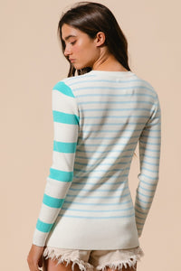 Hazel Blues® |  BiBi Contrast Striped Asymmetrical Hem Knit Top