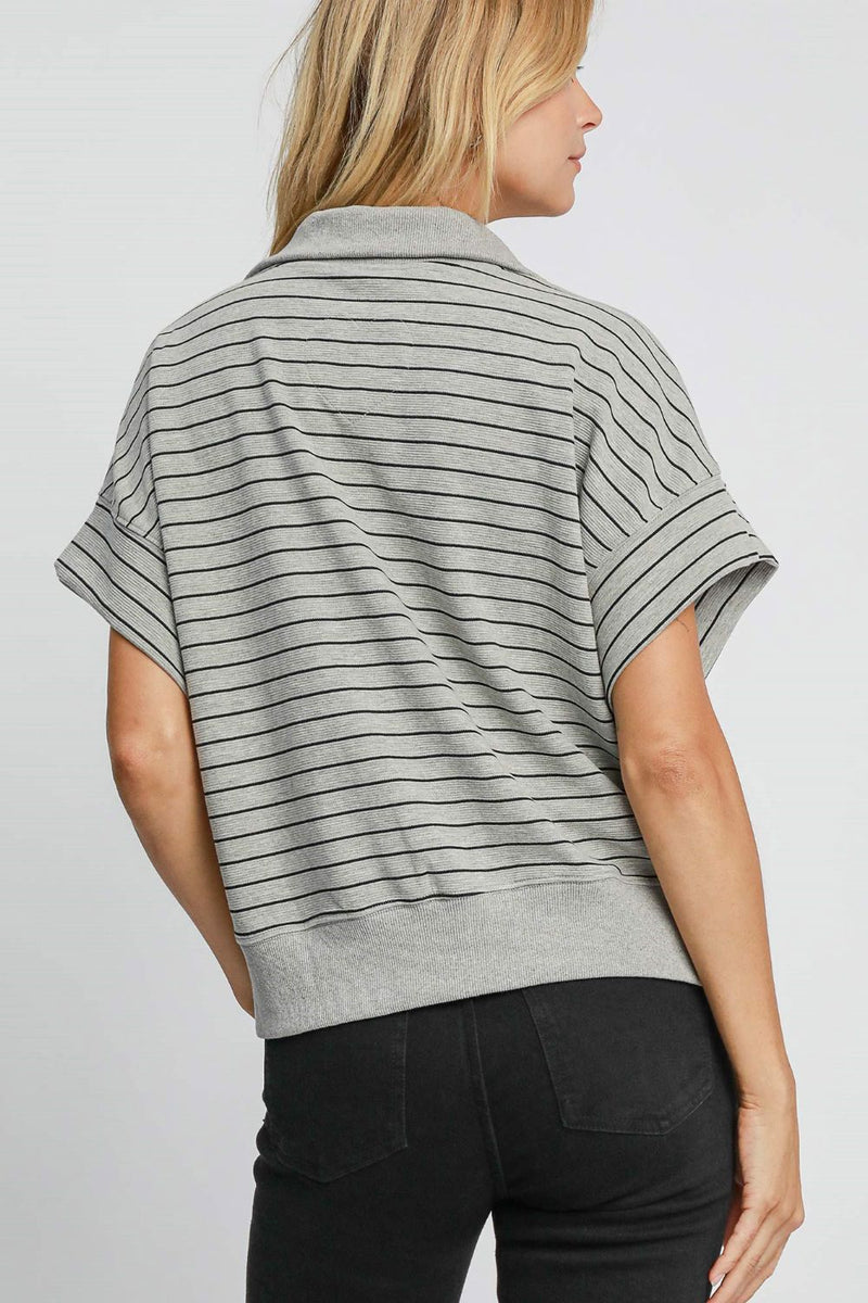 Hazel Blues® |  Umgee Striped Half Zip Short Sleeve Sweatshirt