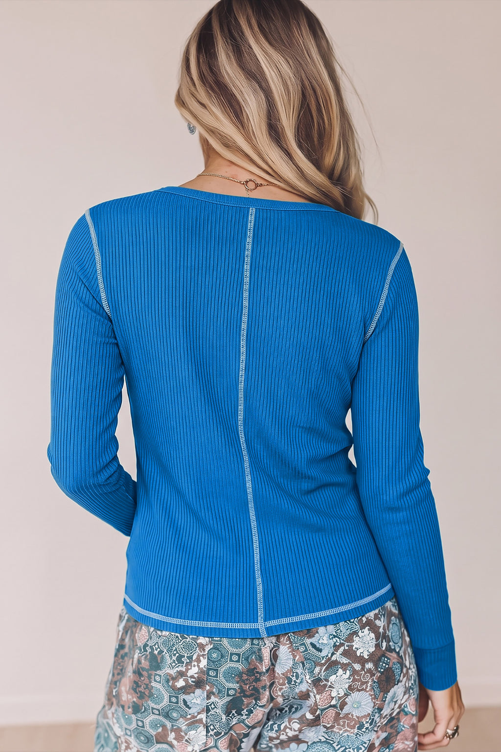 Harper Skye Peacock Blue V-Neck Ribbed Stitched Detail Long-Sleeve Top