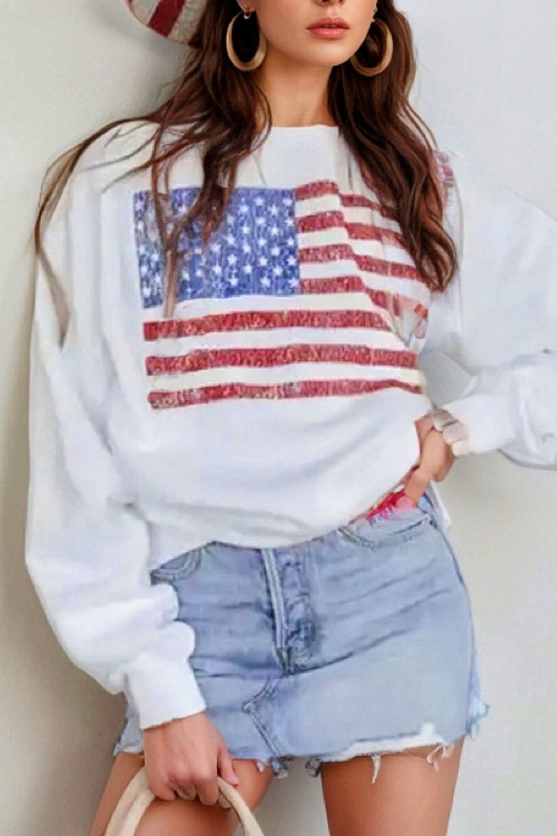 Hazel Blues® |  US Flag Round Neck Long Sleeve Sweatshirt