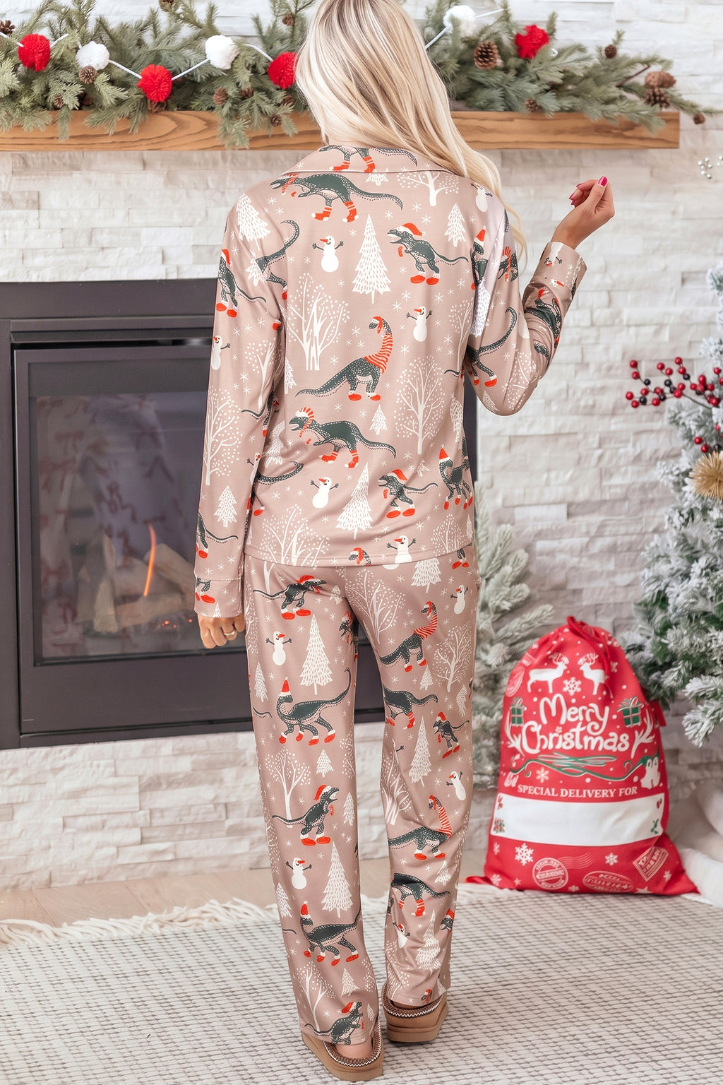 Dino Wonderland Brown Christmas Pajama Set