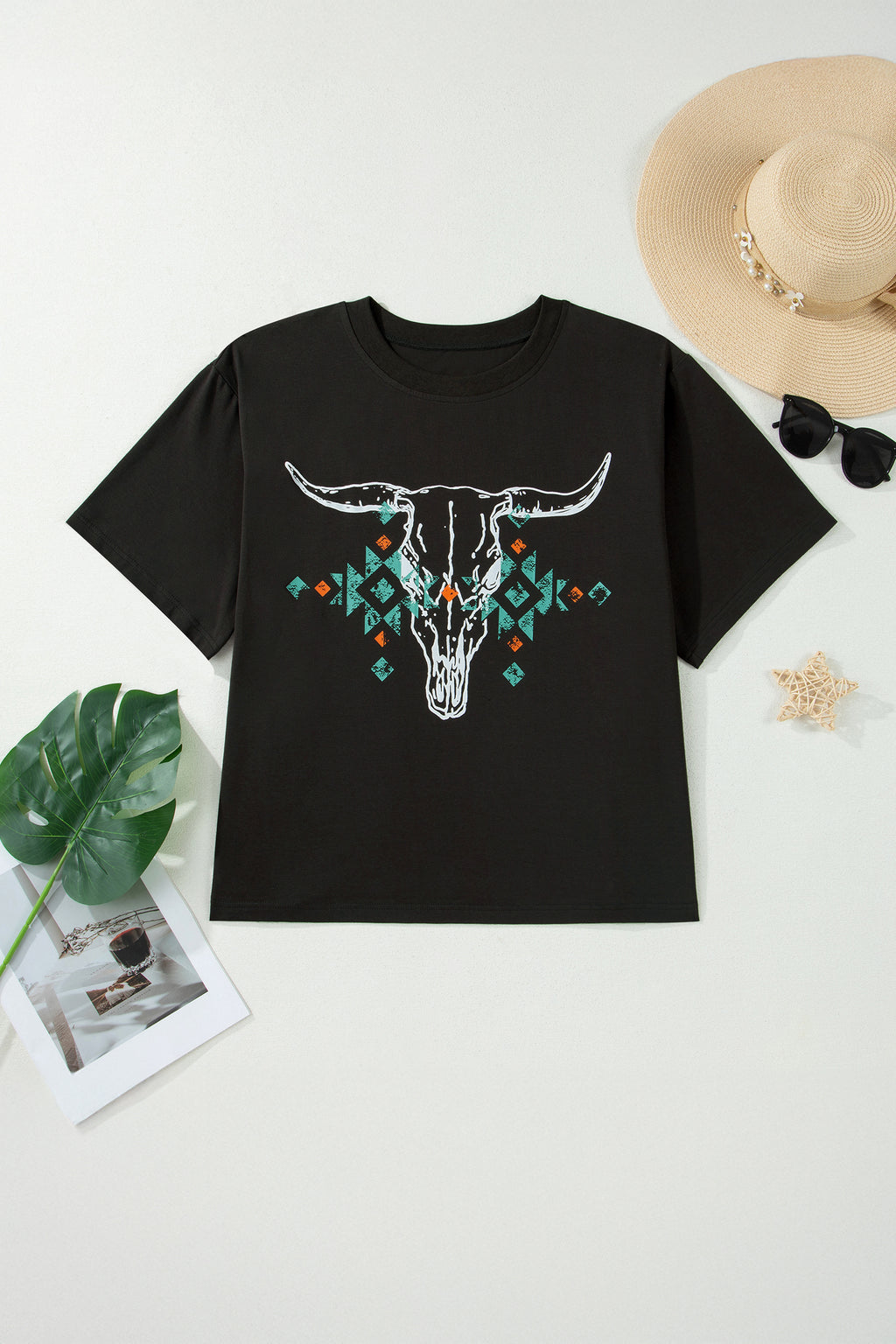 Western Aztec Bull Skull Printed T-Shirt | Western Tee