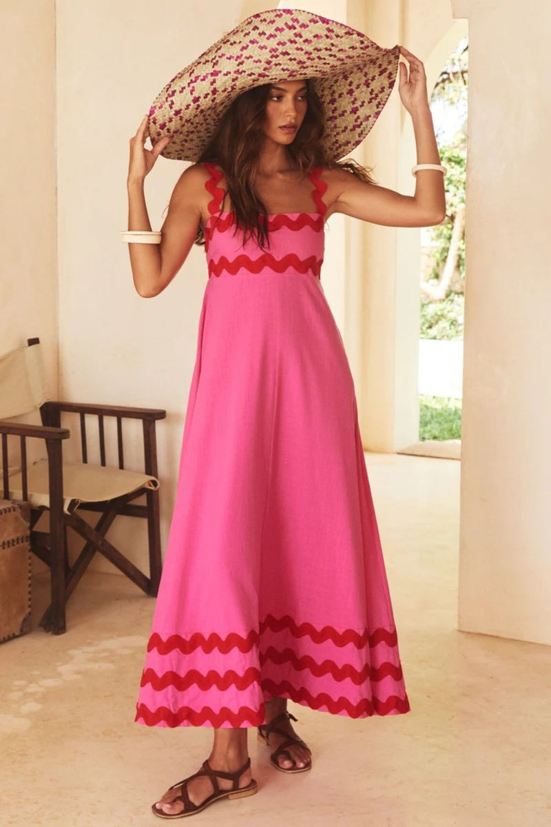 Hot Pink Contrast Trim Square-Neck Wide Strap Dress