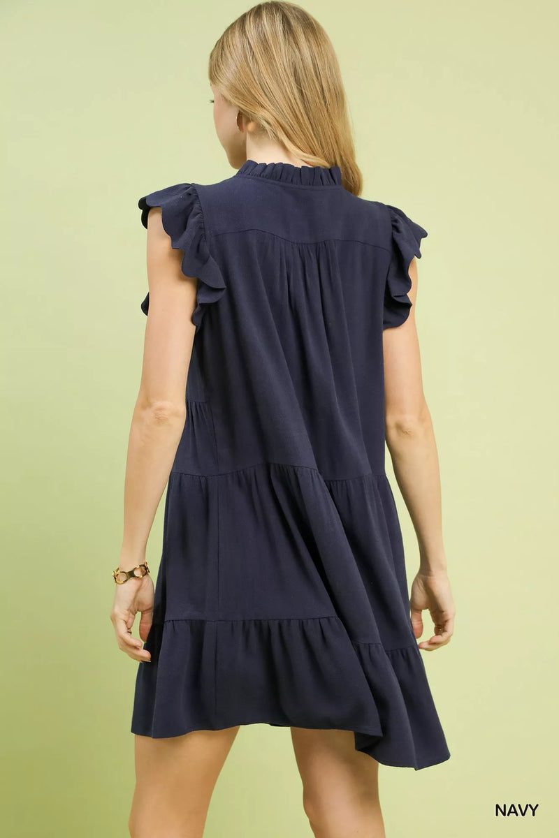 Umgee Linen Tiered Baby Doll Dress NAVY / L