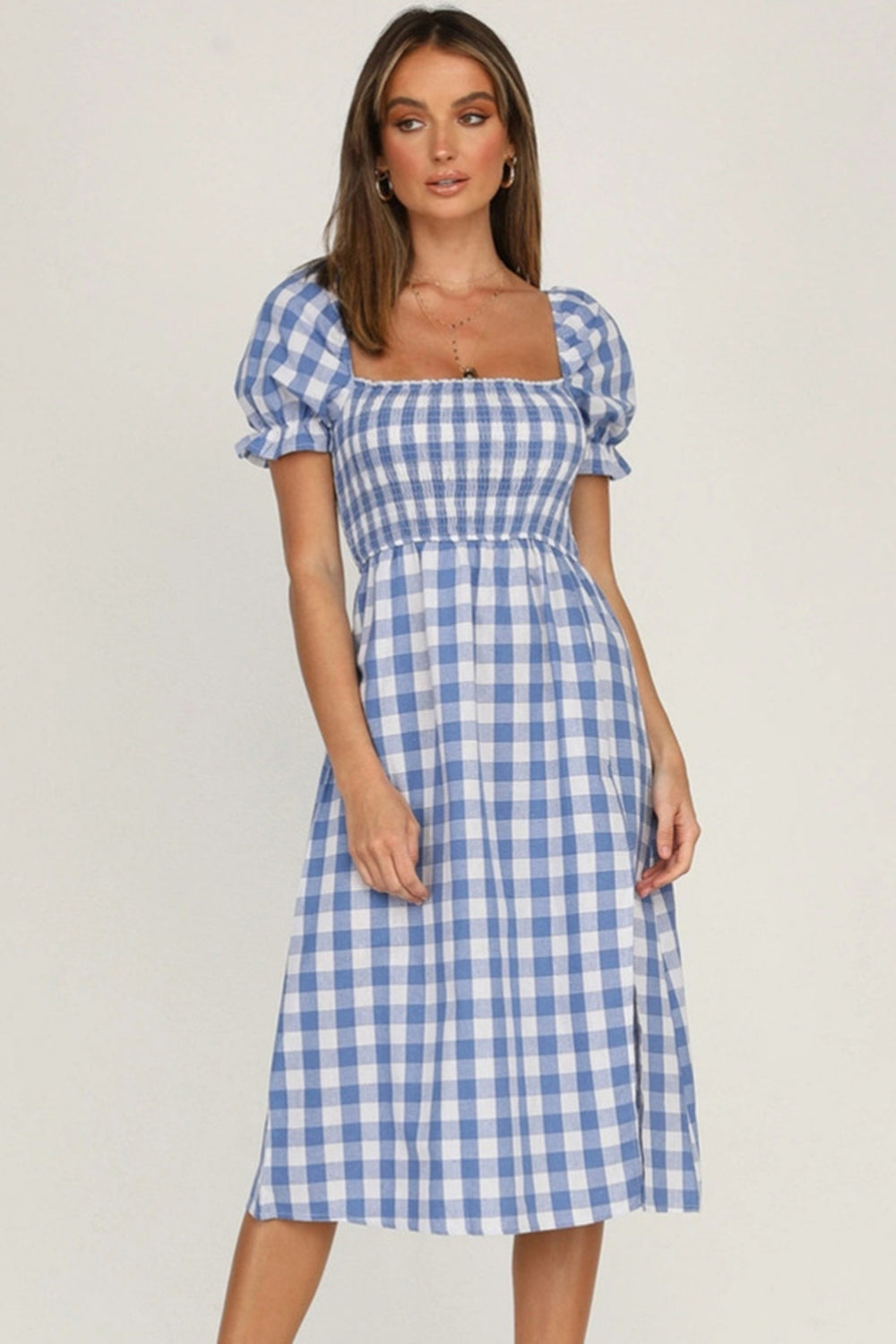 Hazel Blues® |  Slit Plaid Short Sleeve Midi Dress