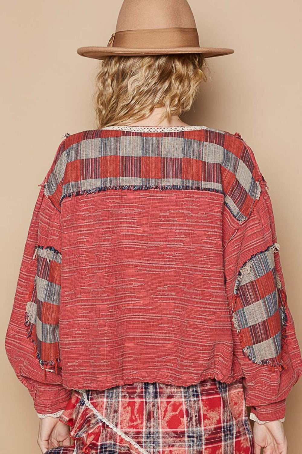 Hazel Blues® |  POL Round Neck Long Sleeve Plaid Shirt