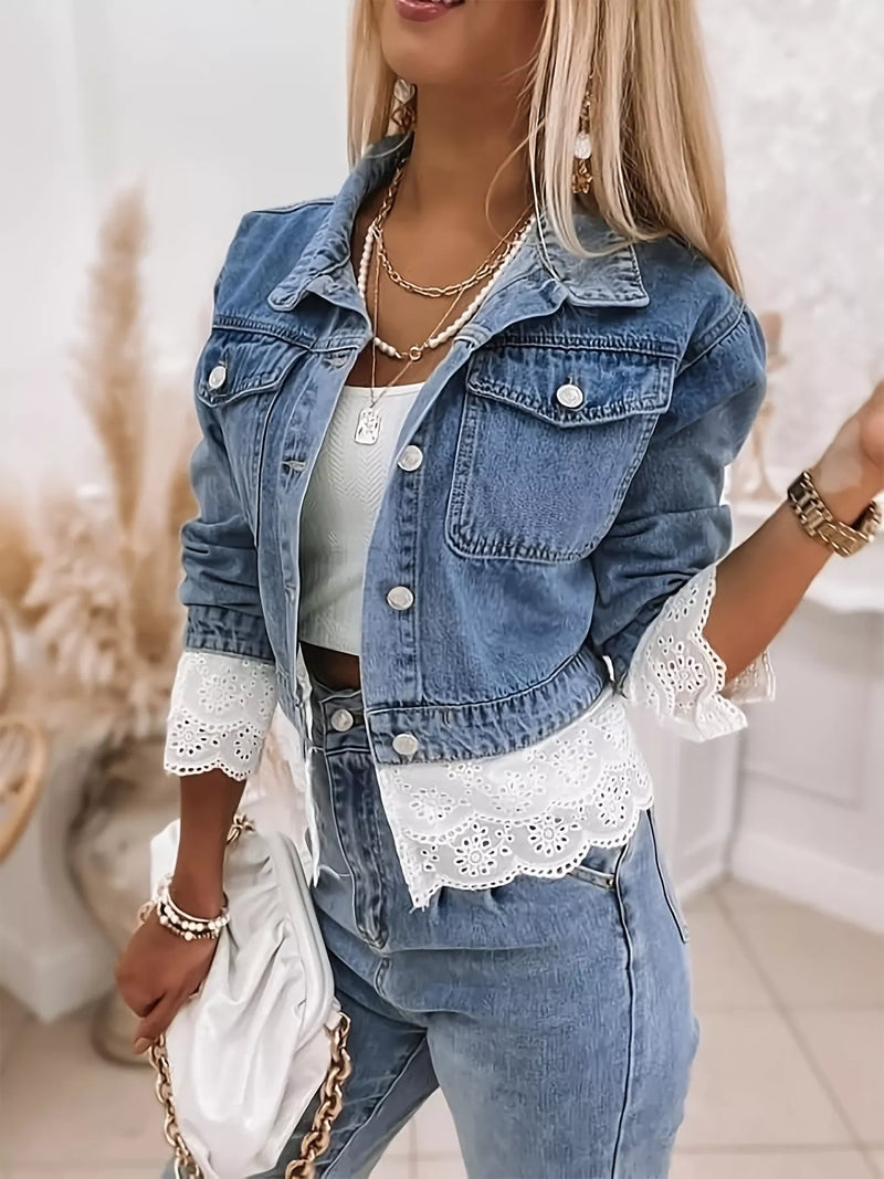 Cropped Denim Jacket with Lace Trim – Hazel Blues®