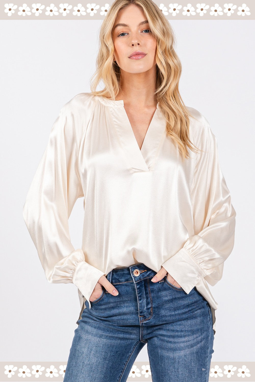 Hazel Blues® |  SAGE + FIG Notched Long Sleeve Blouse