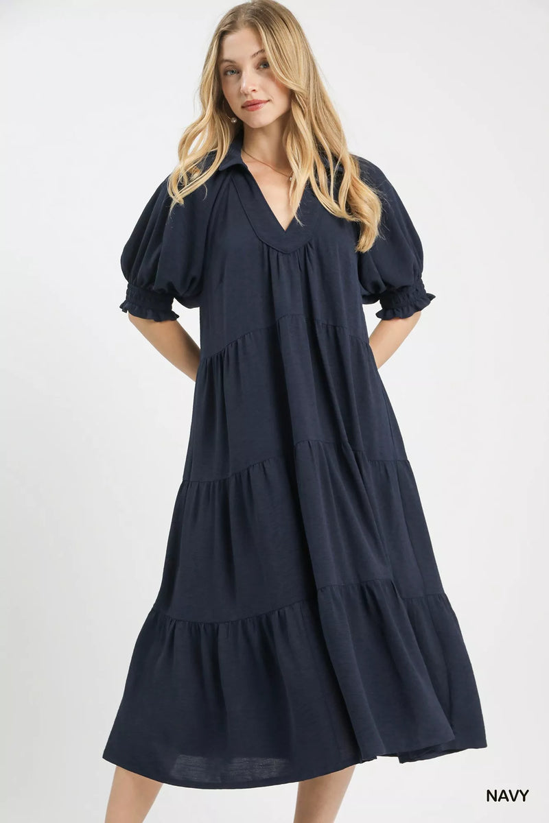 umgee tiered midi dress Umgee Solid Tiered Midi Dress NAVY / S
