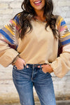 Hazel Blues® |  Light French Beige Aztec Patchwork Raglan Pullover Sweatshirt