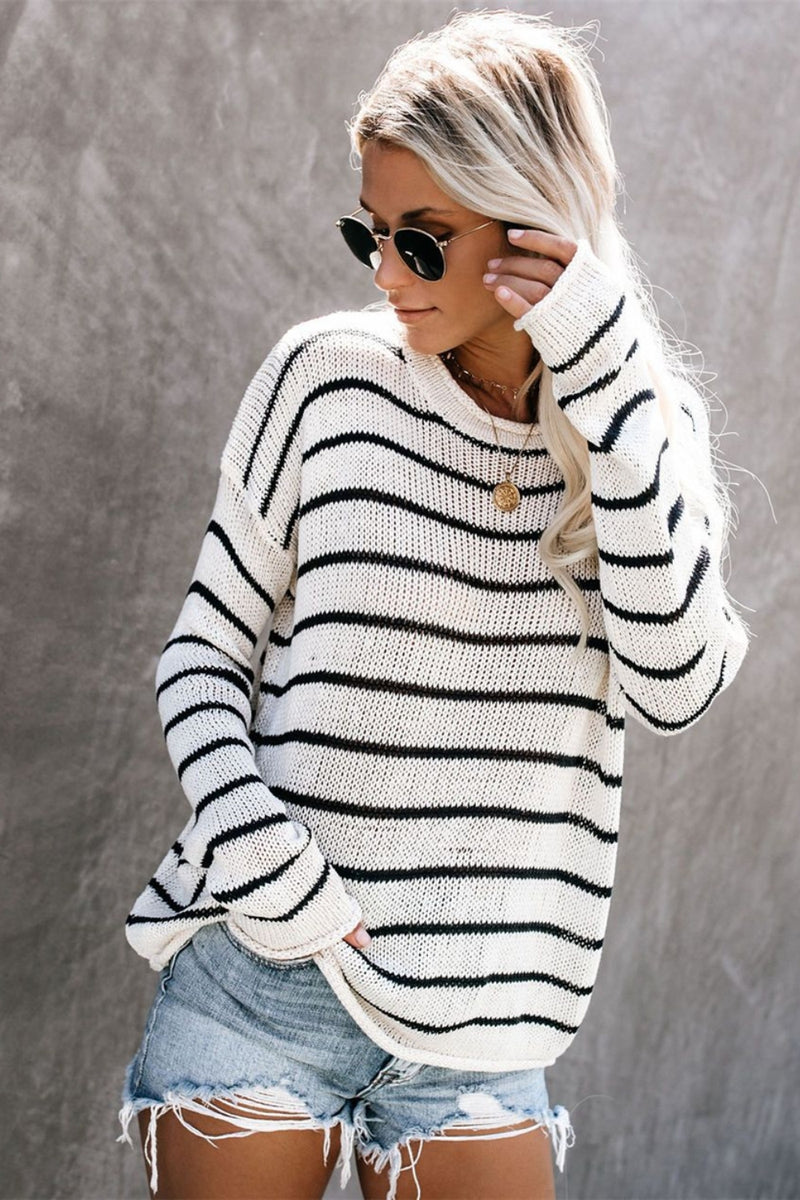 Hazel Blues® |  Striped Round Neck Drop Shoulder Sweater