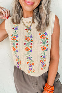 Hazel Blues® |  Embroidered Cable-Knit Round Neck Sweater Vest