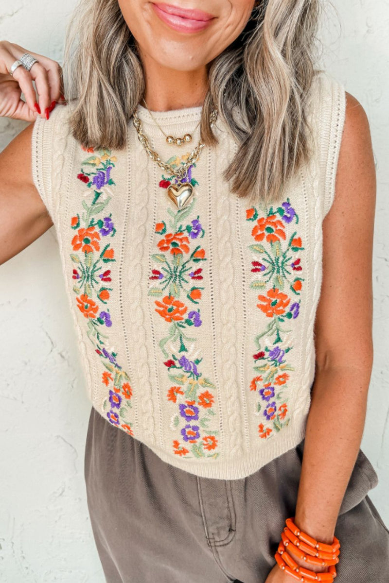 Hazel Blues® |  Embroidered Cable-Knit Round Neck Sweater Vest