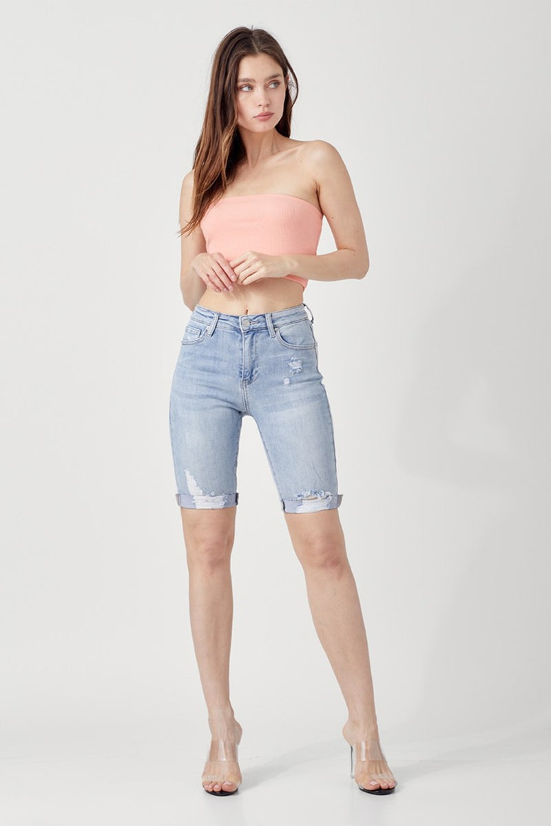 Hazel Blues® |  RISEN High Rise Distressed Denim Bermuda Shorts