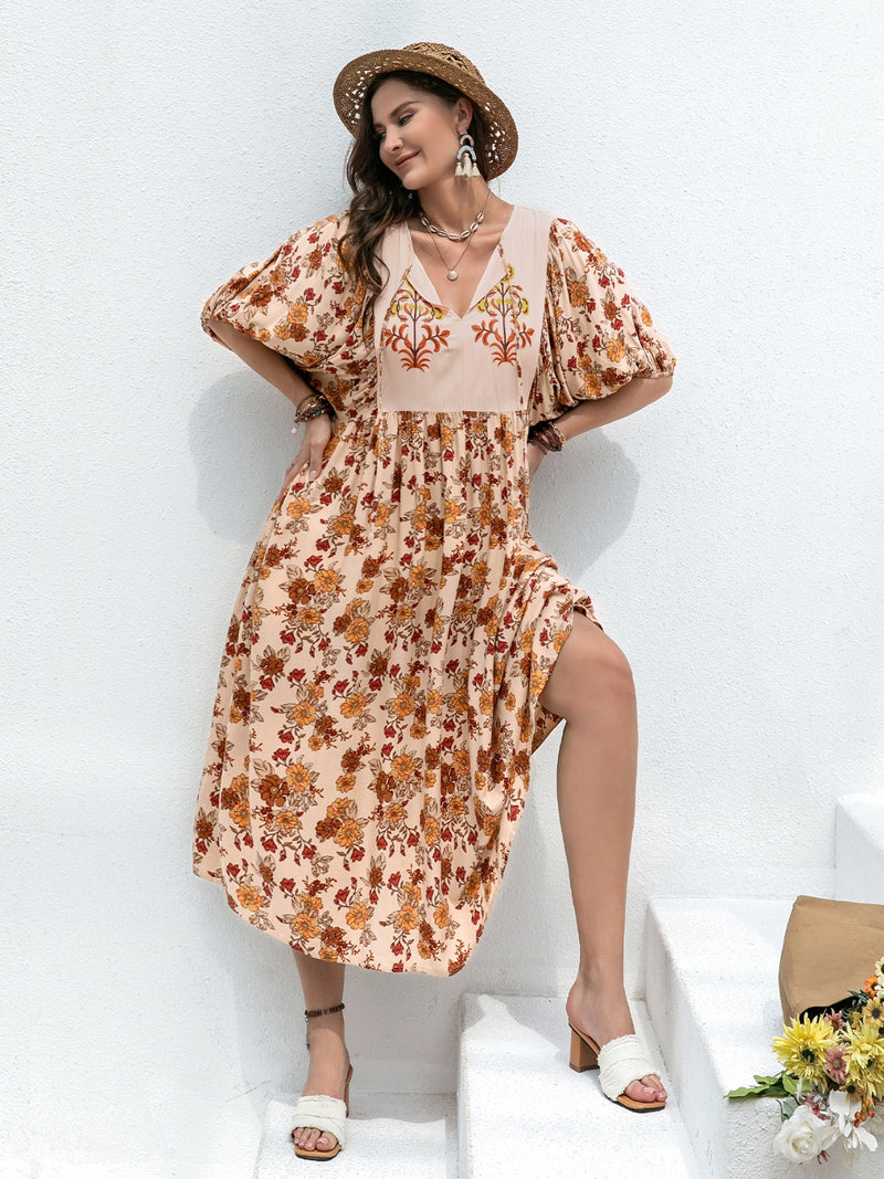 Hazel Blues | Printed Tie Neck Half Sleeve Midi Dress Hazel Blues | Printed Tie Neck Half Sleeve Midi Dress