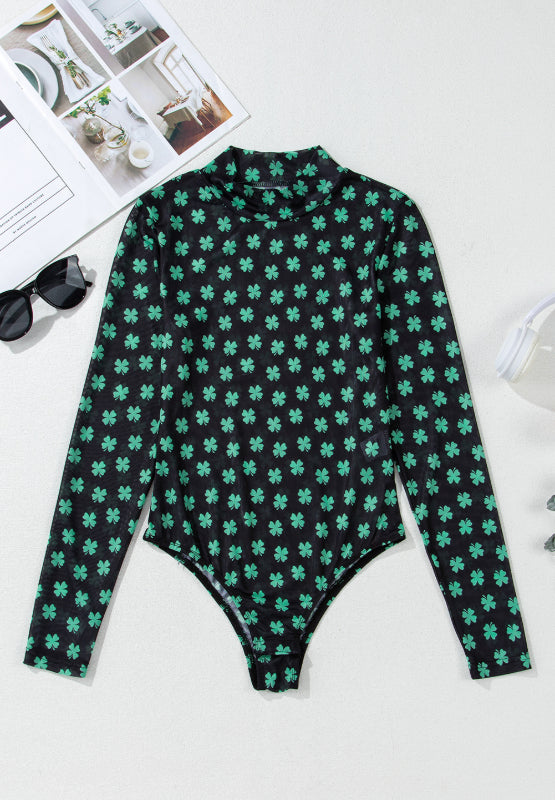 Hazel Blues® |  Lucky Clover Mock Neck Long Sleeve Bodysuit