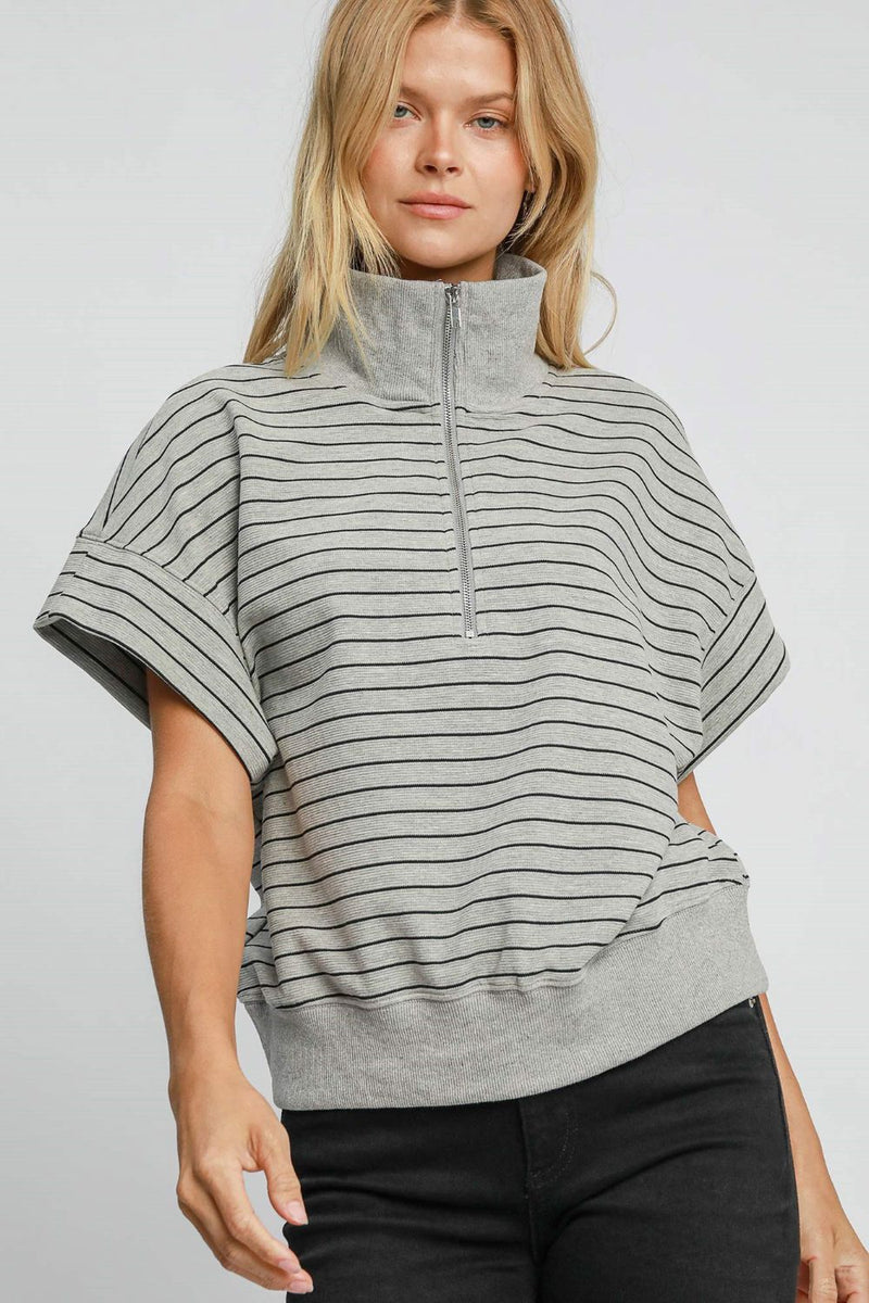 Hazel Blues® |  Umgee Striped Half Zip Short Sleeve Sweatshirt