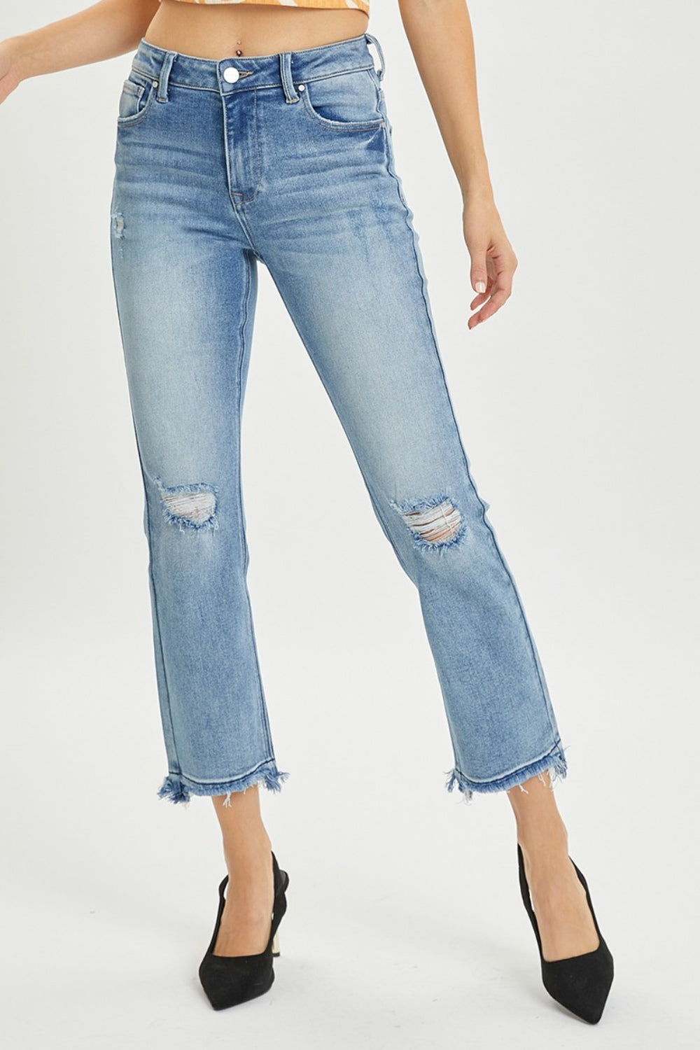 Hazel Blues® |  RISEN High Rise Distressed Cropped Straight Jeans