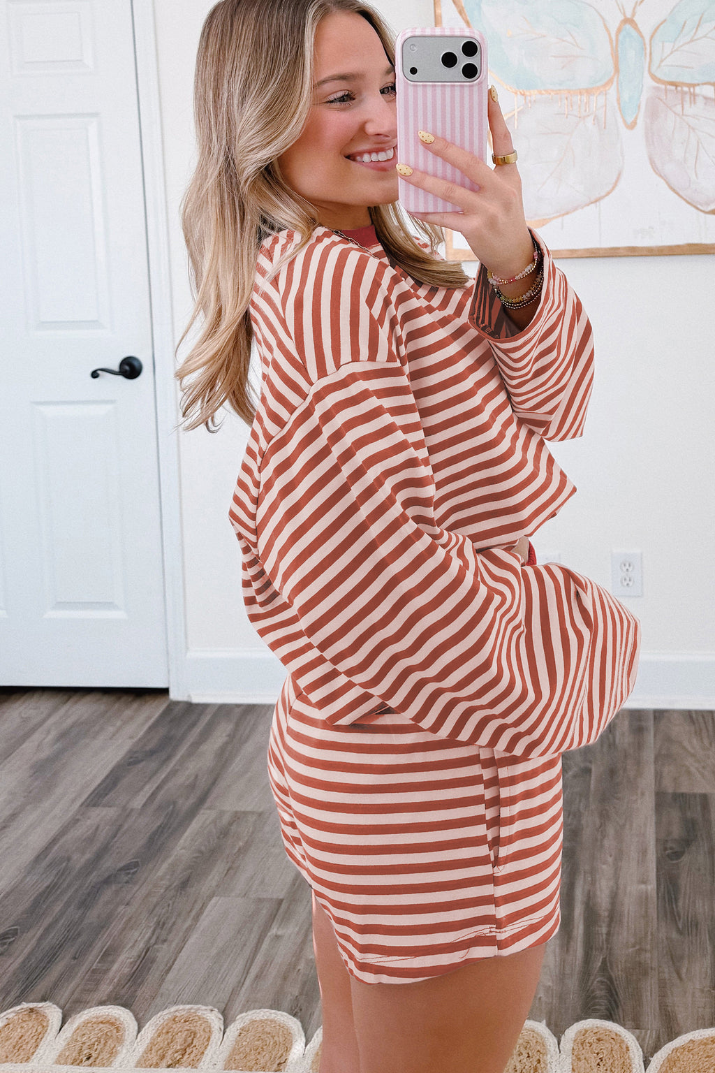 Relaxed Long Sleeve Top Contrast Elastic Waistband Short Set