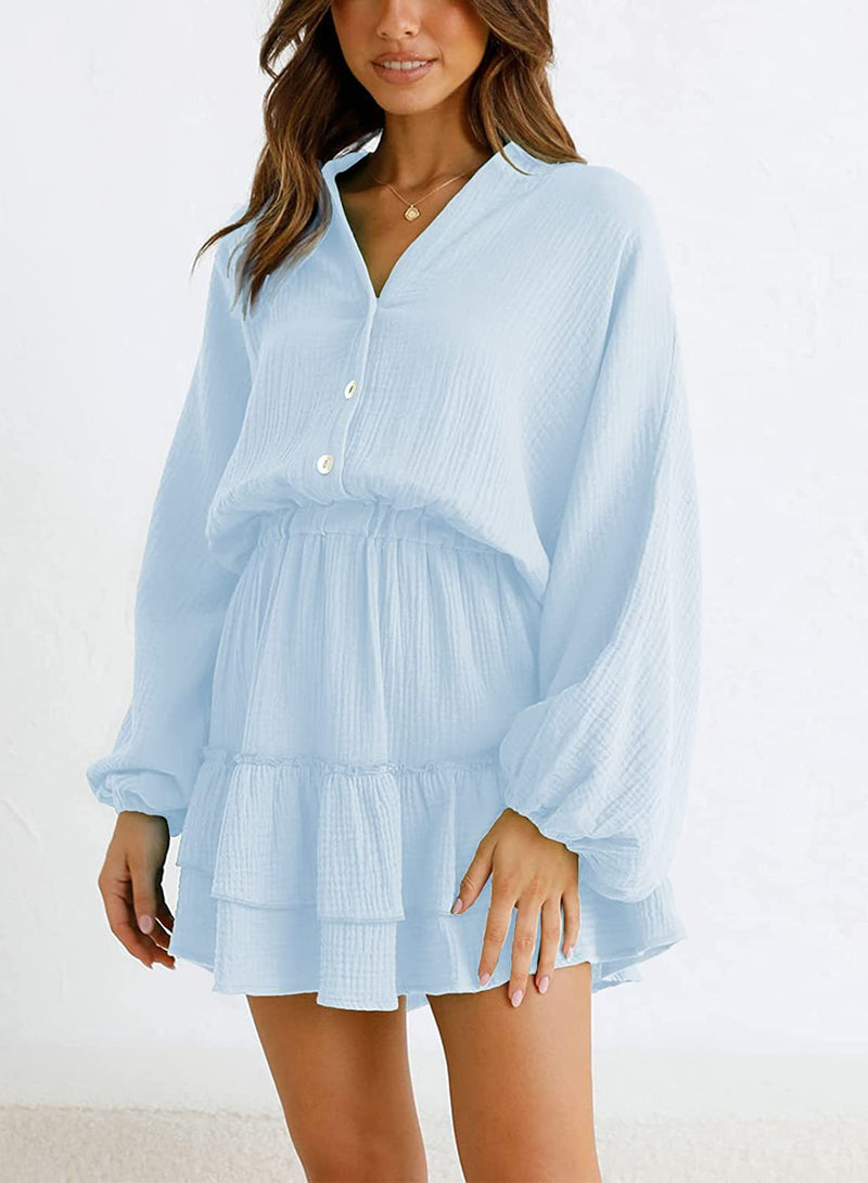 Hazel Blues® |  Ruffled Notched Balloon Sleeve Mini Dress