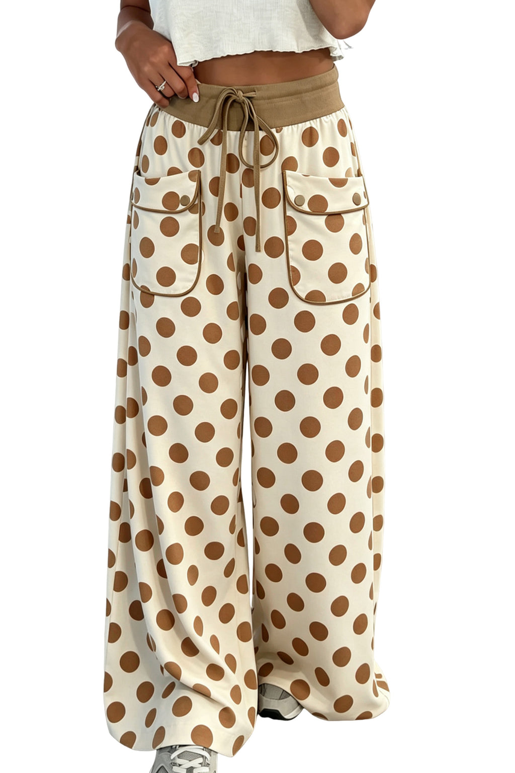 Khaki Polka Dot Drawstring Pocket Wide-Leg Pants