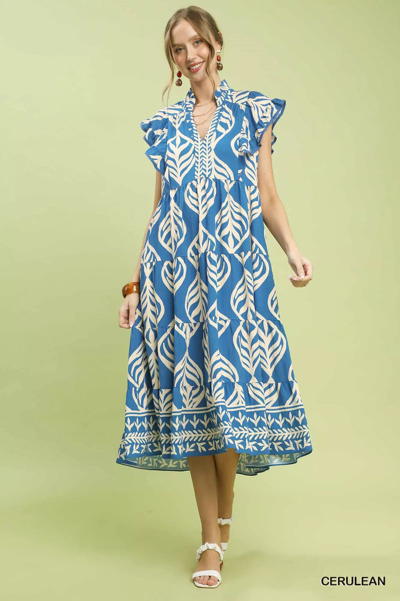 knee length dresses for ladies Entro Slate Blue Botanical Midi Shirt Dress with Tie Waist Medium