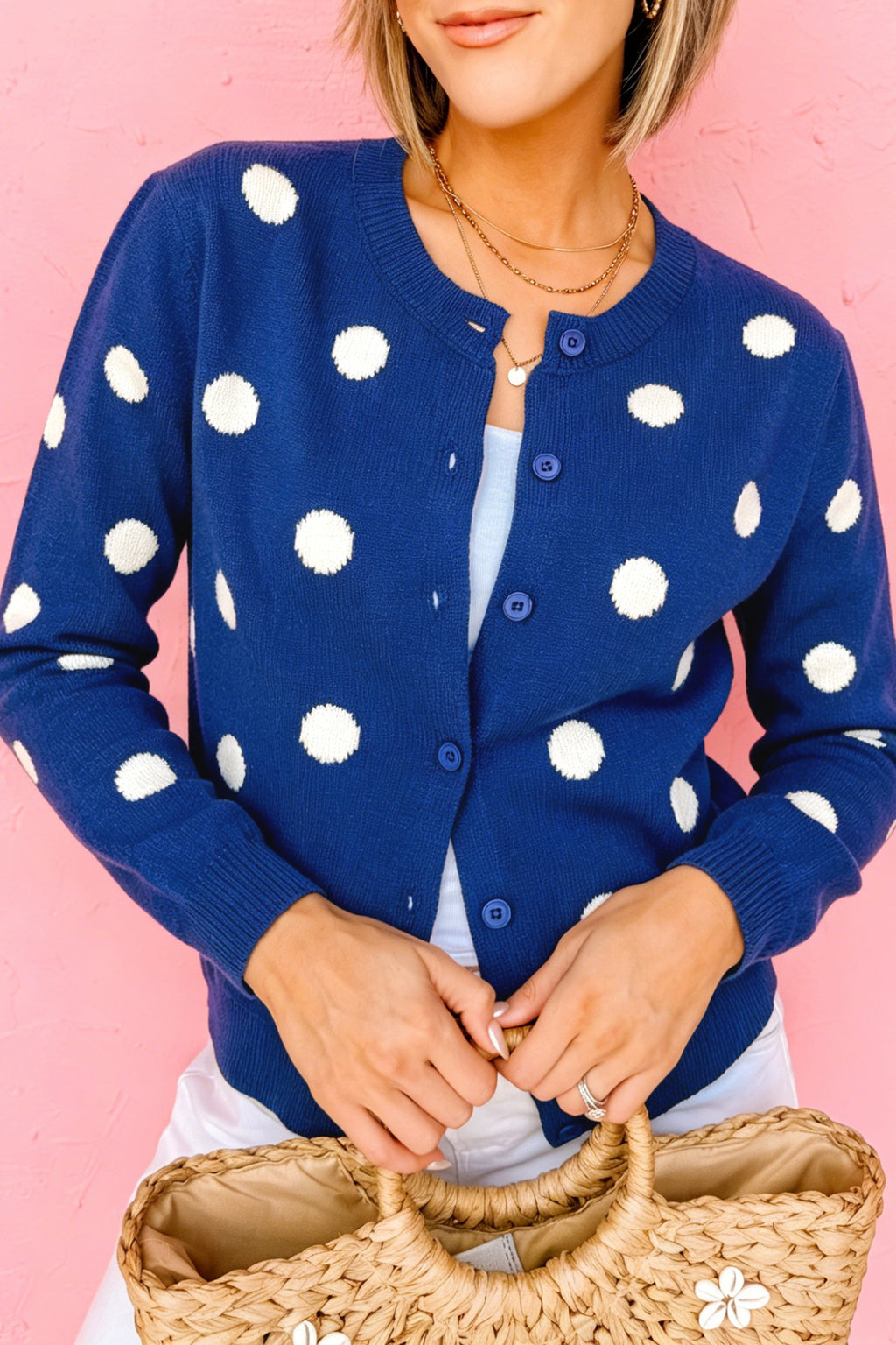Bluing Casual Polka-Dot Button-Front Long-Sleeve Sweater Cardigan