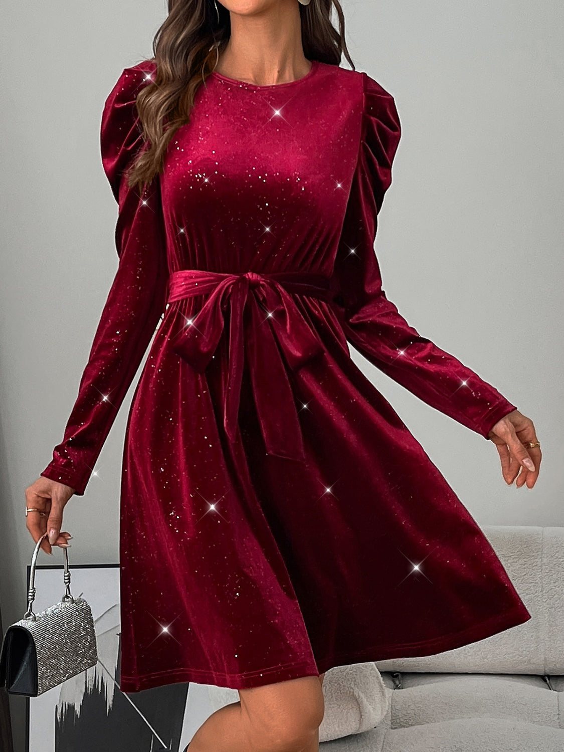 Hazel Blues® |  Glitter Round Neck Puff Sleeve Dress