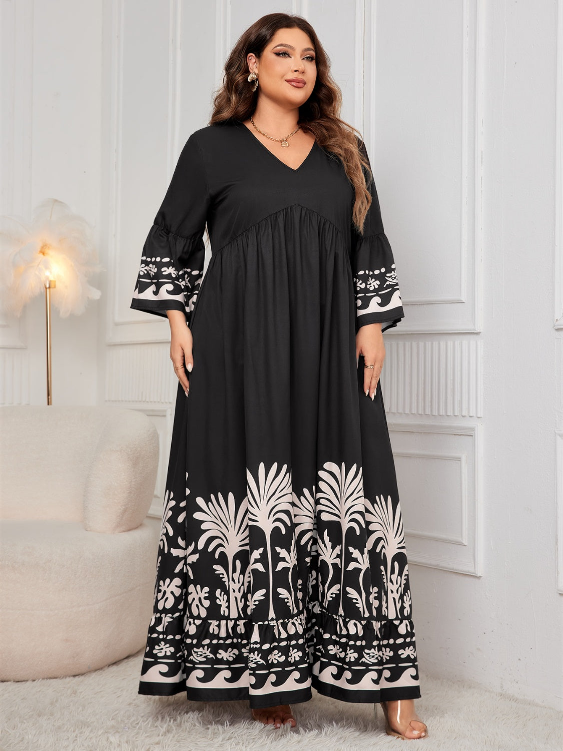 Hazel Blues® | Printed V-Neck Long Sleeve Maxi Dress