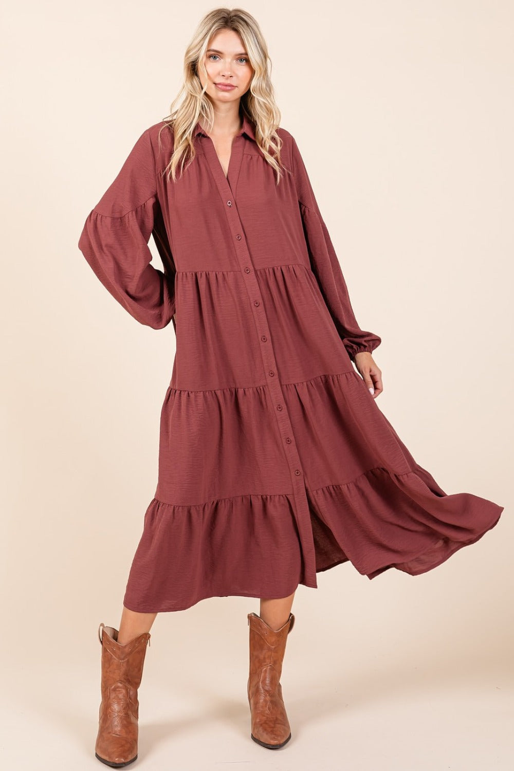 Hazel Blues® |  Mittoshop Tiered Button Down Long Sleeve Midi Dress