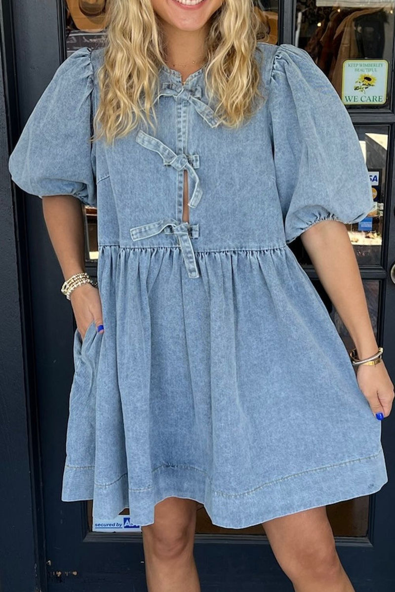Bowknot Round Neck Half Sleeve Denim Dress – Hazel Blues®