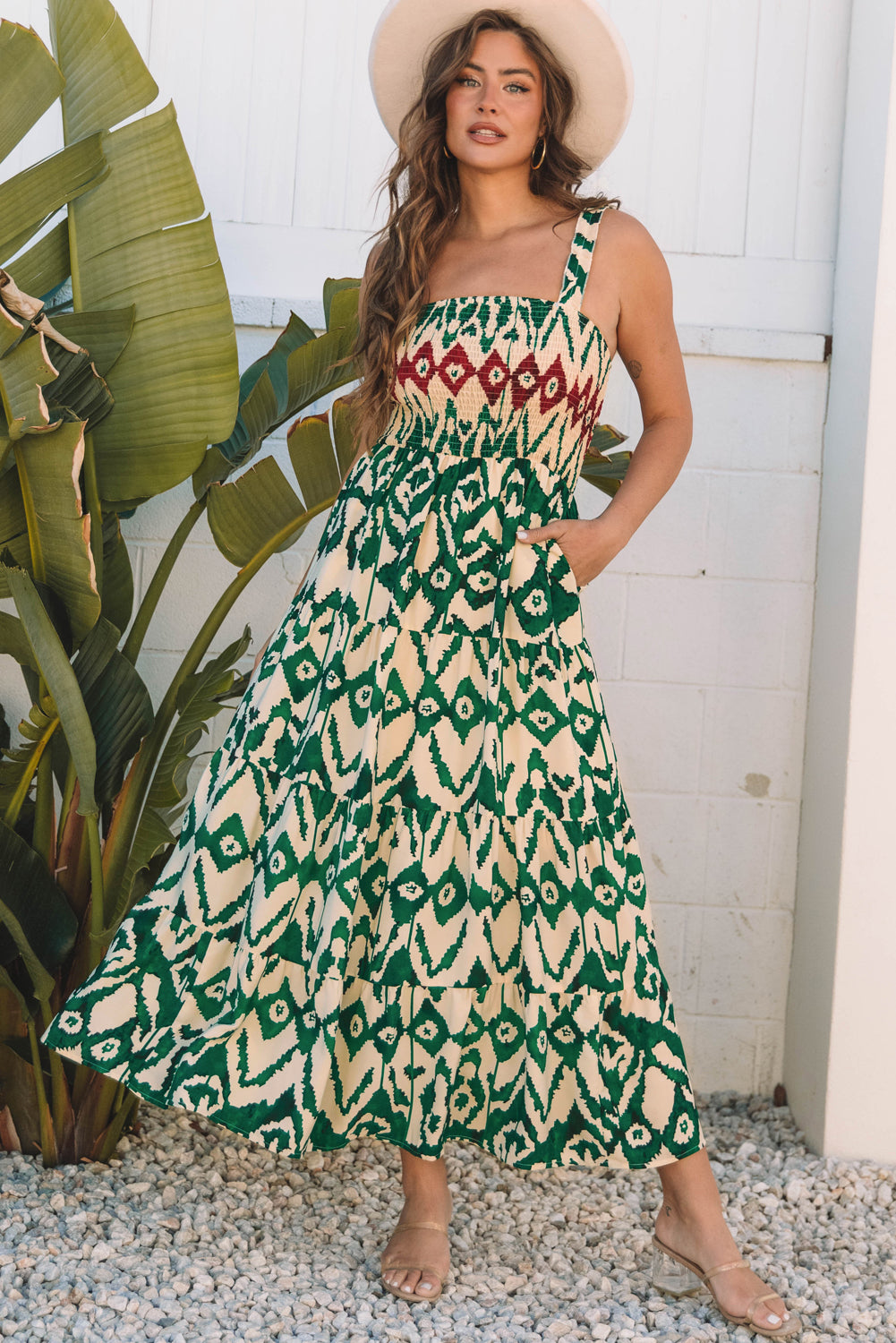 Hazel Blues® |  Green Western Aztec Shirred A-line Sleeveless Maxi Dress