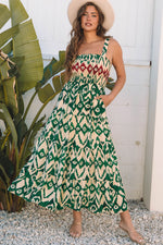 Hazel Blues® |  Green Western Aztec Shirred A-line Sleeveless Maxi Dress