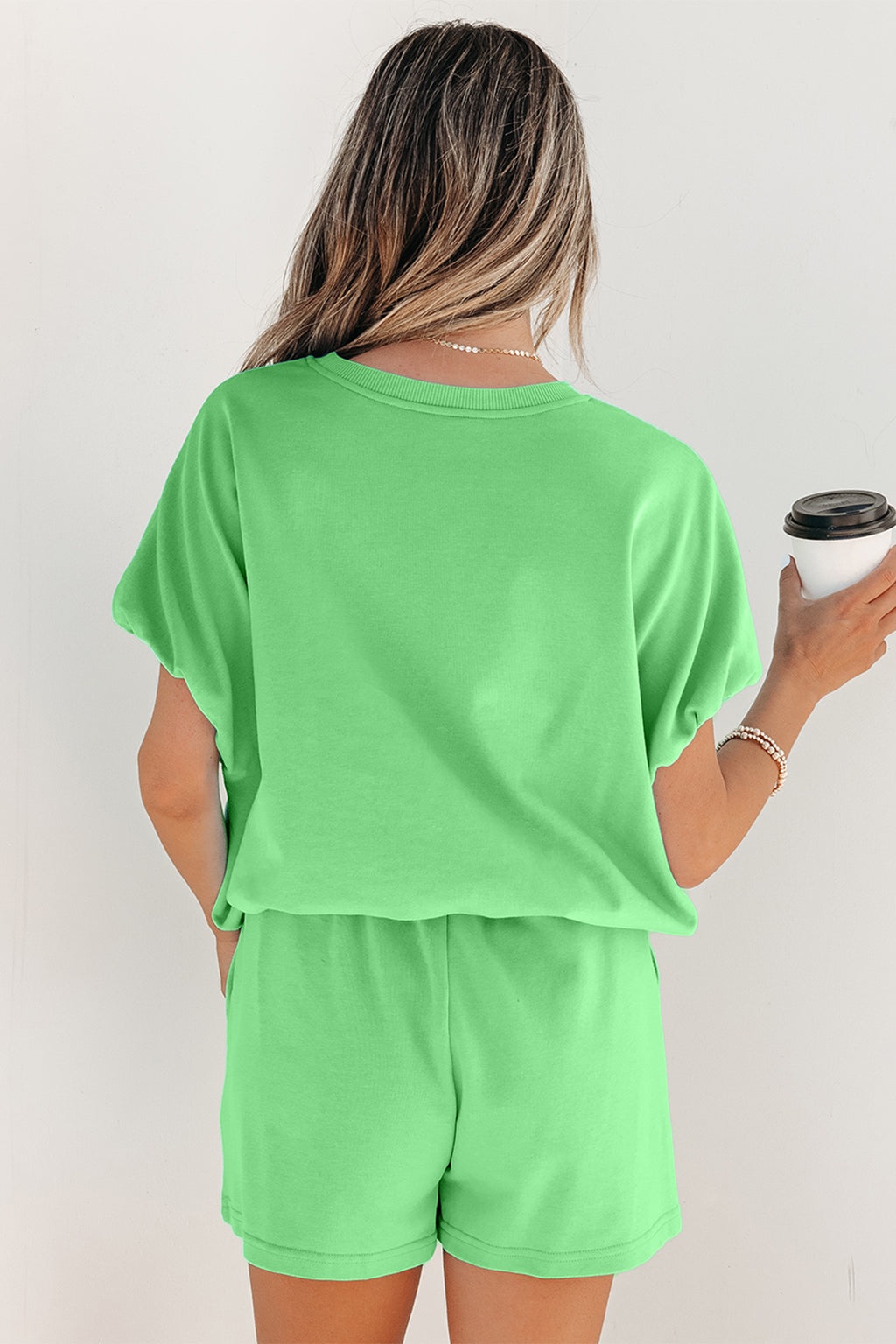 Green Solid Color Puffy Relaxed Top Drawstring Shorts Two-Piece Outfit