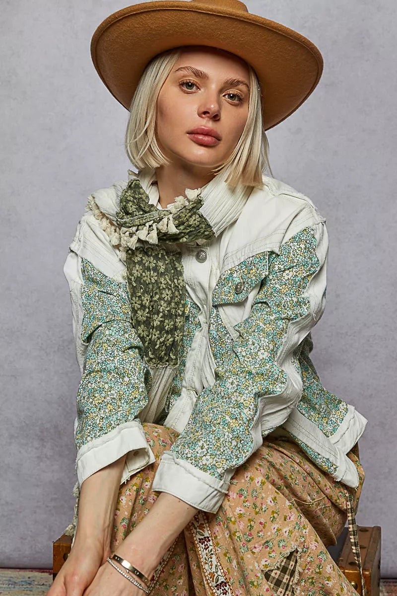 Hazel Blues® | POL Button Down Patchwork Denim Jacket with